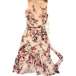 Eliza J Dress Sleeveless 8 V-Neck Bodycon Chiffon Ruched Pink Floral Spring NWT